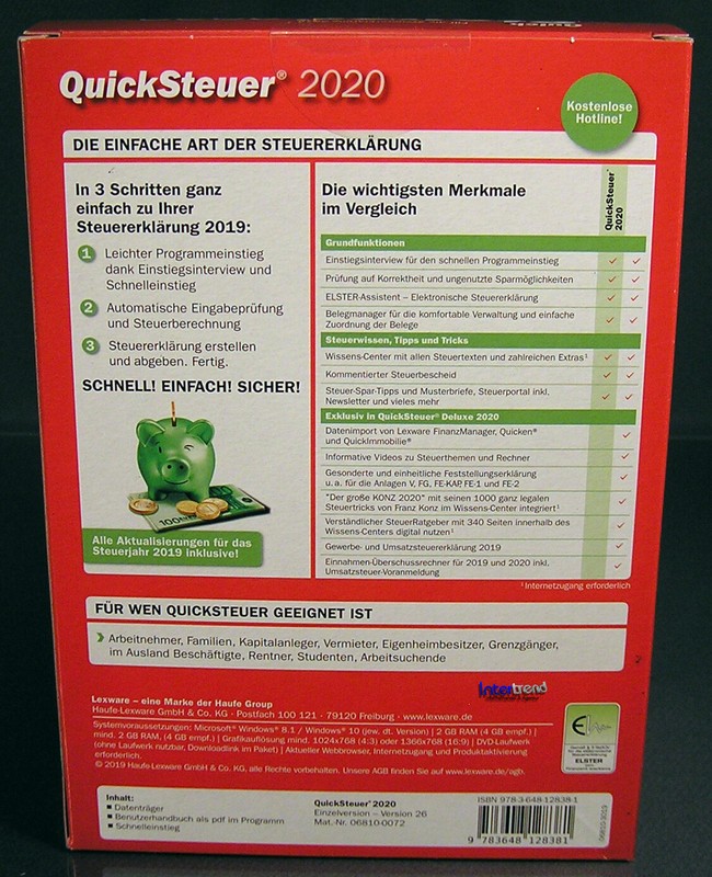 Lexware QuickSteuer 2020 Full Version Box, CD, Manual (PDF) Tax Year 2019 NEW gallery