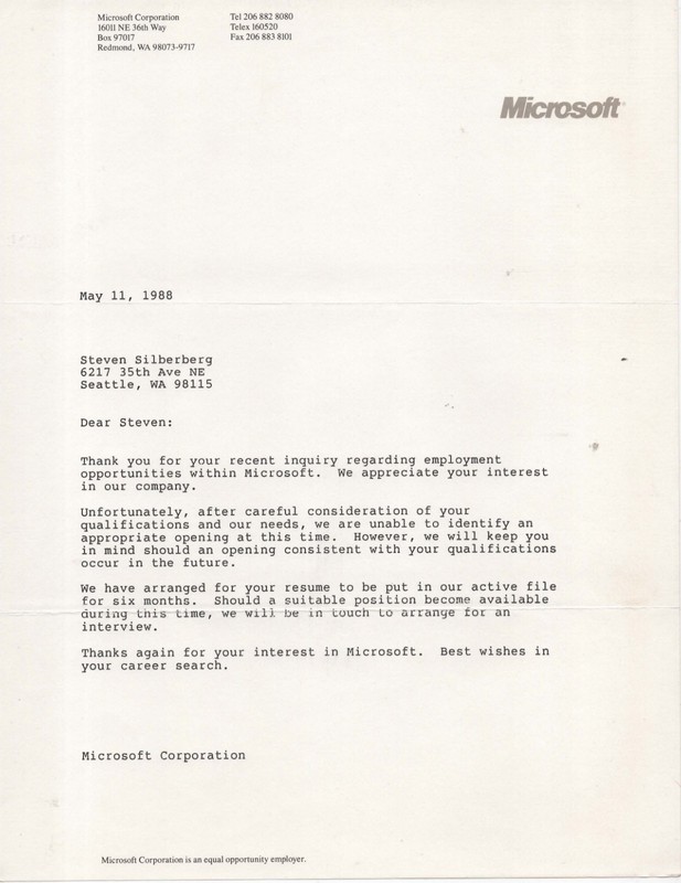 Vintage Microsoft Rejection Letter From 1988 Redmond Washington