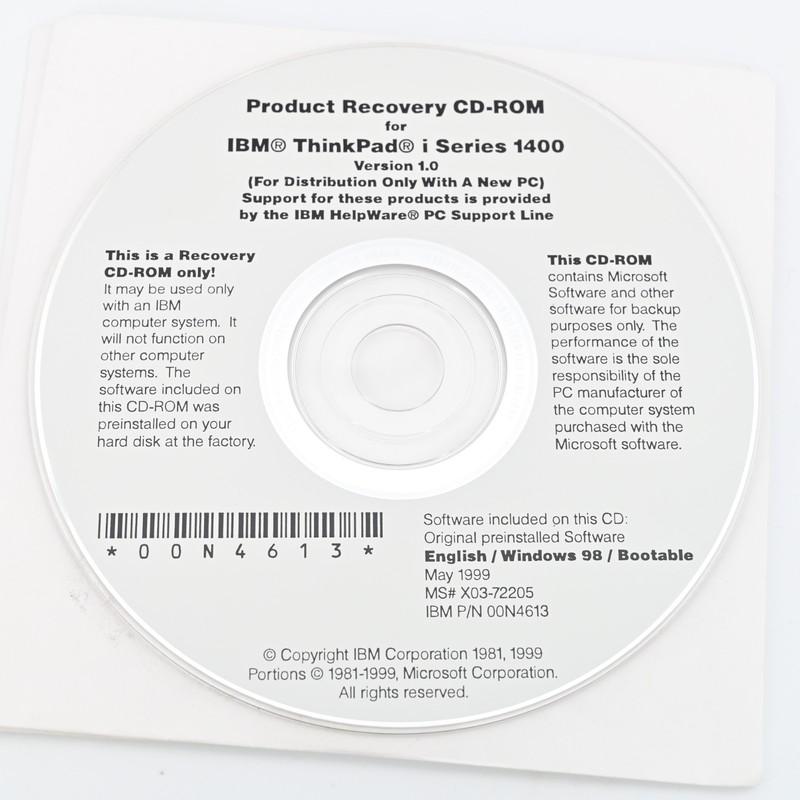 IBM ThinkPad 1400 Product Recovery CD-ROM Windows 98 Windows 95 Software Disc