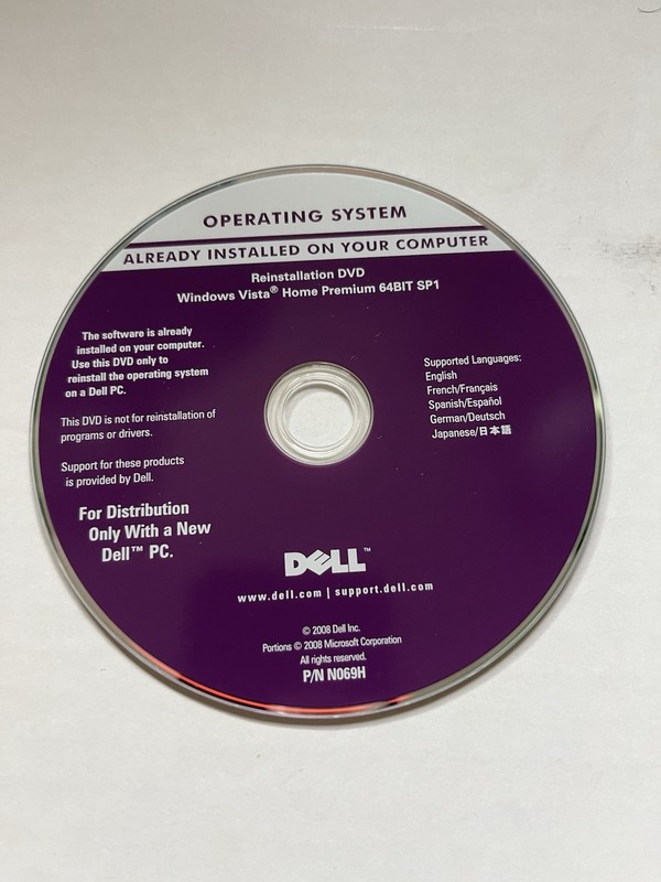 Dell Windows Vista Home Premium 64-bit SP1 Reinstallation DVD Disc P/N N069H