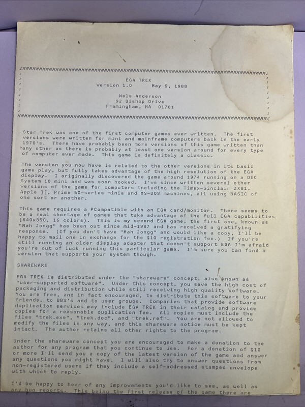 Star Trek PC Game Manual EGA Trek Version 1.0 1988 Rare Support Software￼