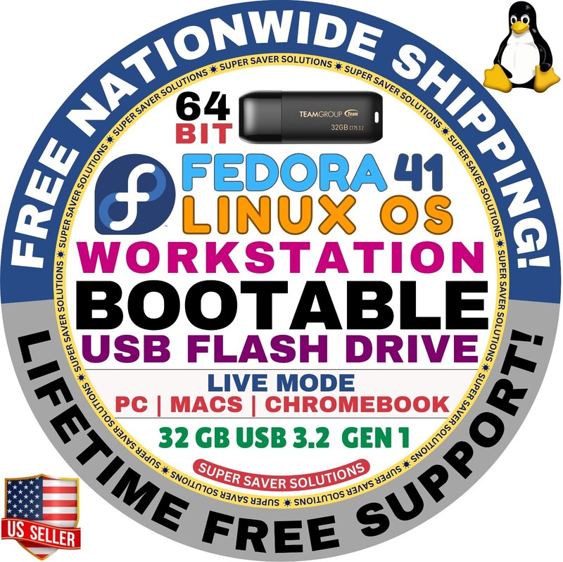 FEDORA 41 LINUX OS WORKSTATION BOOTABLE USB DRIVE | 64-BIT, Live Mode | MAC, PC