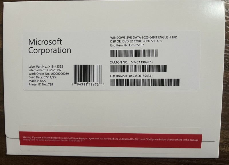 Windows Server 2025 Datacenter 64Bit 32 Core + 50 CALs Sealed New