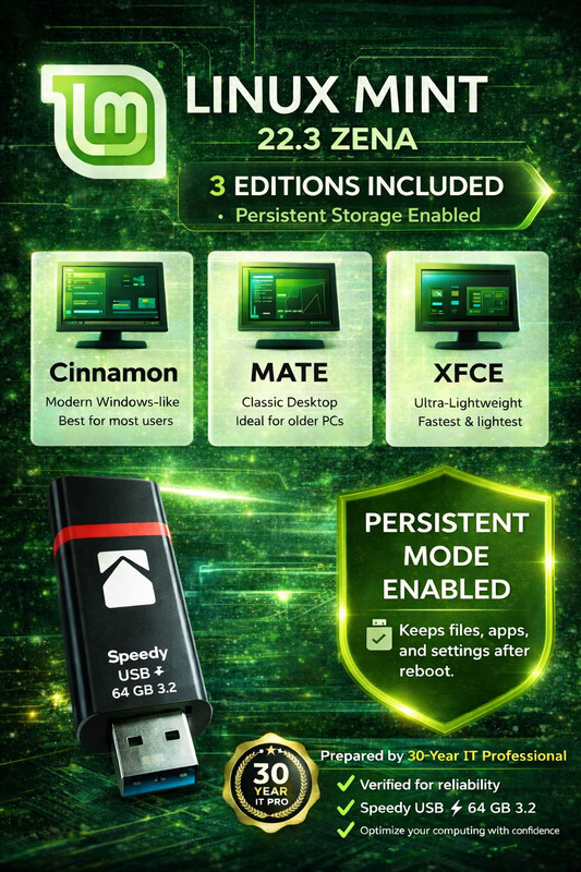 Linux Mint 22.3 Zena Bootable USB 64-Bit Live Install, Persistent, Installer