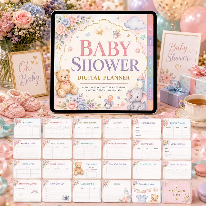 Baby Shower Digital Planner GoodNotes Notability iPad Printable PDF 33 Pages