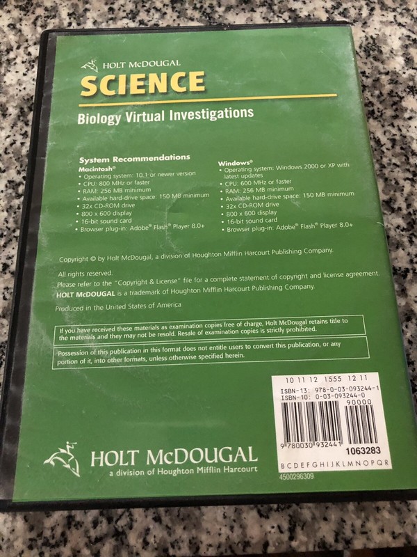 Holt McDougal Science Biology Virtual Investigations CD Windows/Mac Homeschool gallery