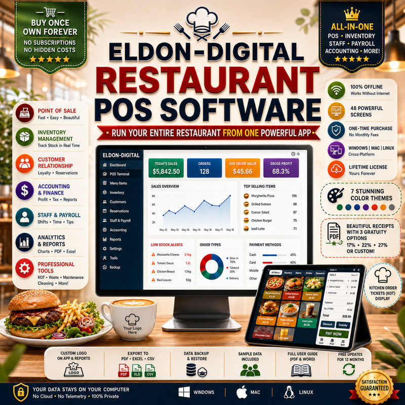 Restaurant POS Software on USB Flash Drive Menu Inventory Payroll Windows Mac