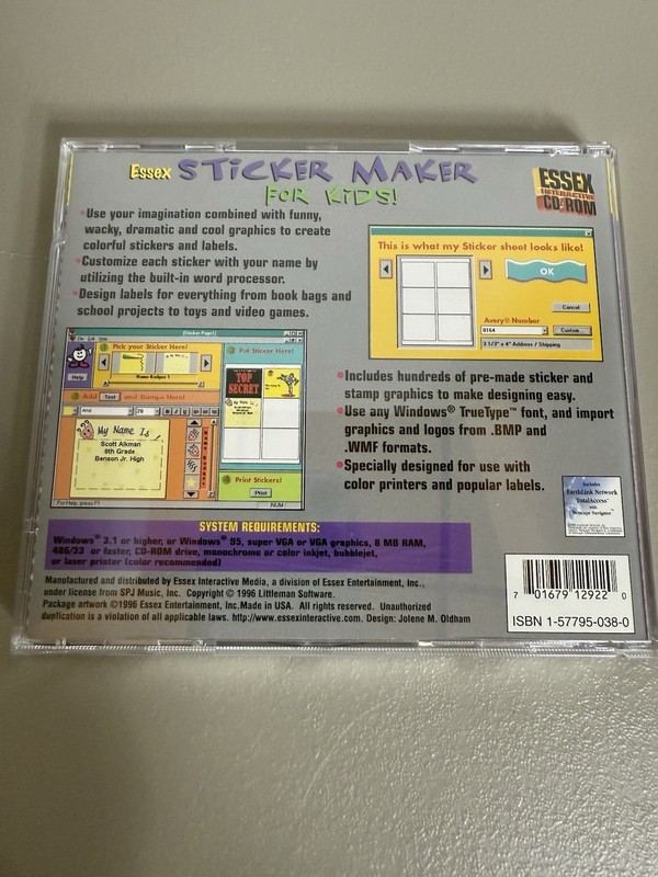 Vintage "Essex Sticker Maker For Kids" PC CD-ROM 1996 gallery