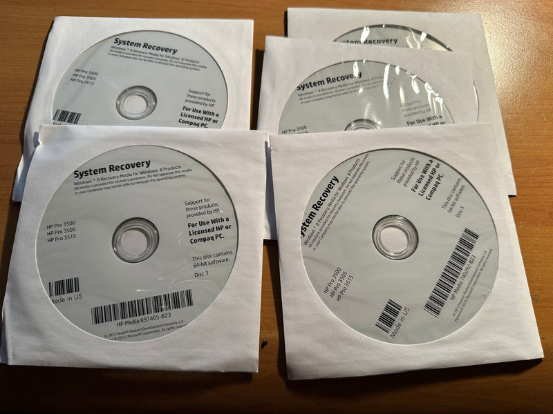 System Recovery Set Of 5 Discs (64-Bit) For HP Pro 3500 / 3505 / 3515 Window 8