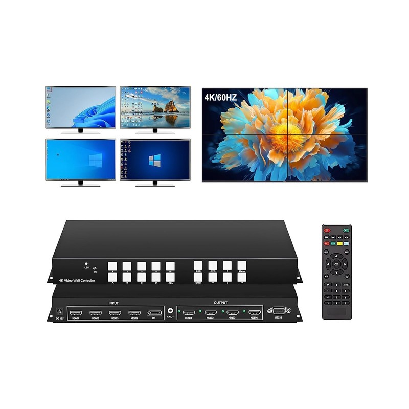 4K/60Hz 2×2 Video Wall Controller, 4×4 HDMI Matrix Switch with HDMI 2.0 input…