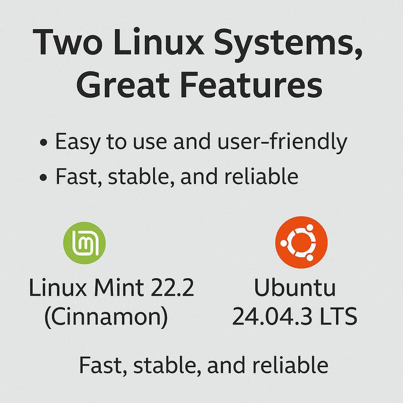 Linux Mint 22.2 Cinnamon + Ubuntu 24.04.3 LTS - Bootable / Live USB / 2-in-1 gallery