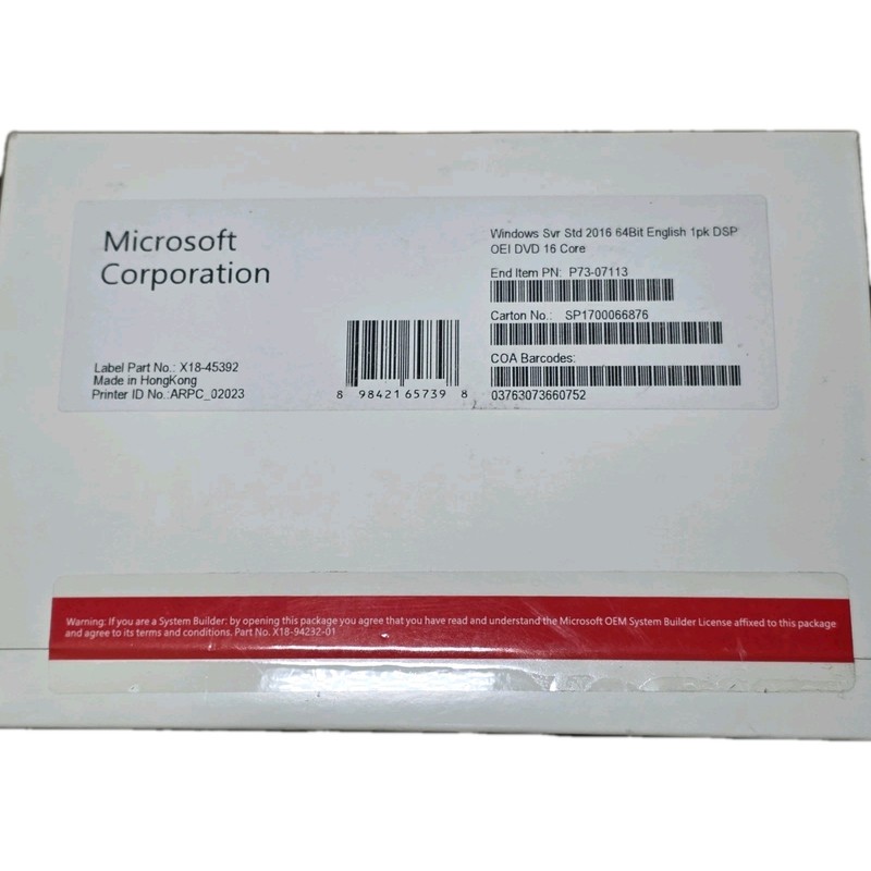 Microsoft Windows Server Standard 2016 64-bit DVD – P7307113 – 16 CORE BASE OEM