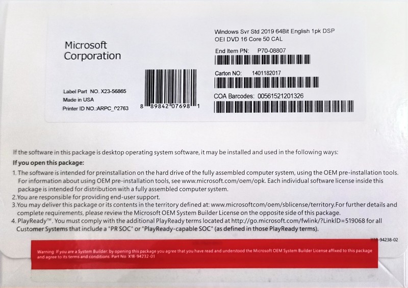 Windows Server 2019 Std 64-bit 16 Core 50 CAL DVD + Product Key Free Shipping
