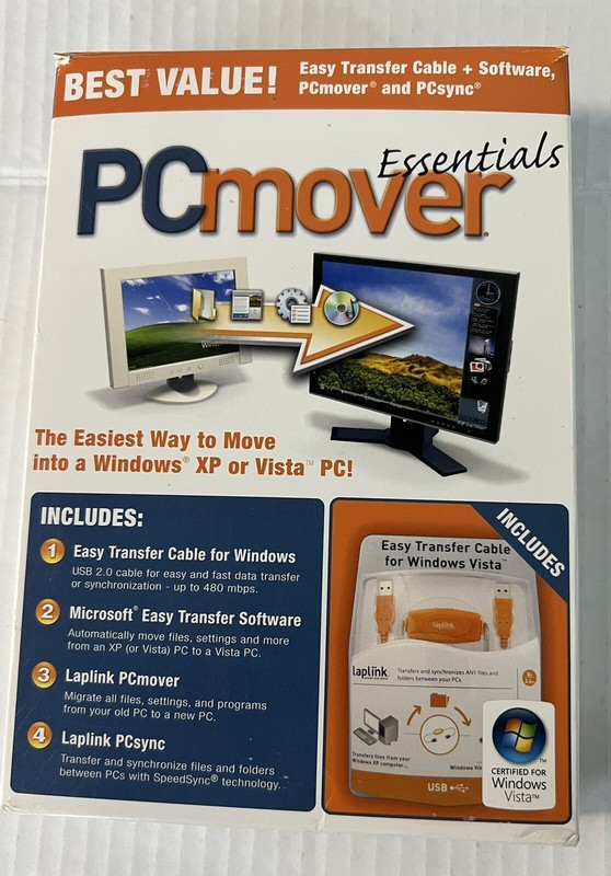 Laplink PC Mover Essentials ( CD , Transfer Cable , Quick Start Guide ) PCmover