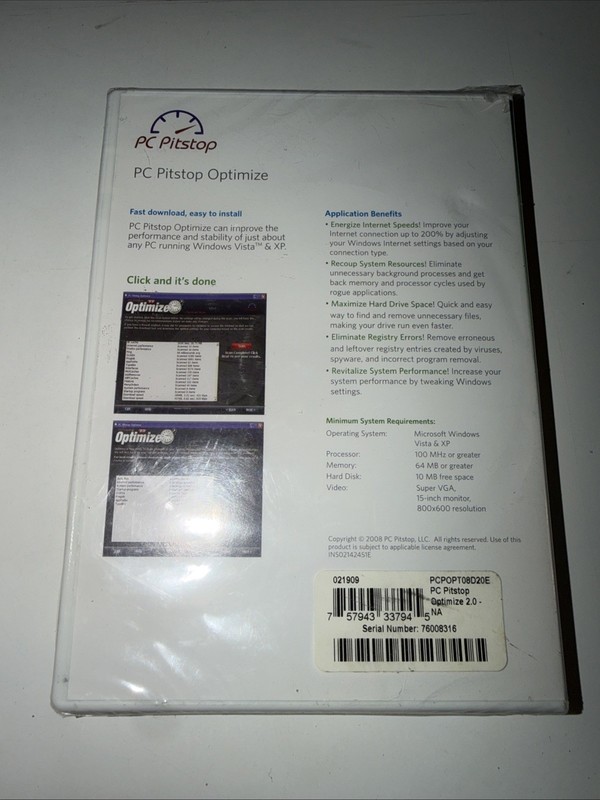 PC Pitstop Optimize Speed up you PC Microsoft Windows Vista & XP 2008 DVD Q83 gallery
