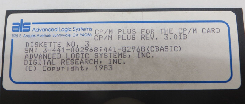 CP/M PLUS REV. 3.01B 5.25" Floppy Disk 1983 Advanced Logic Systems Inc. #4038 gallery