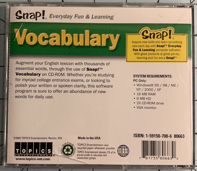 Vocabulary Efficacy Snap! Everyday Fun & Learning PC CD-ROM CIB gallery
