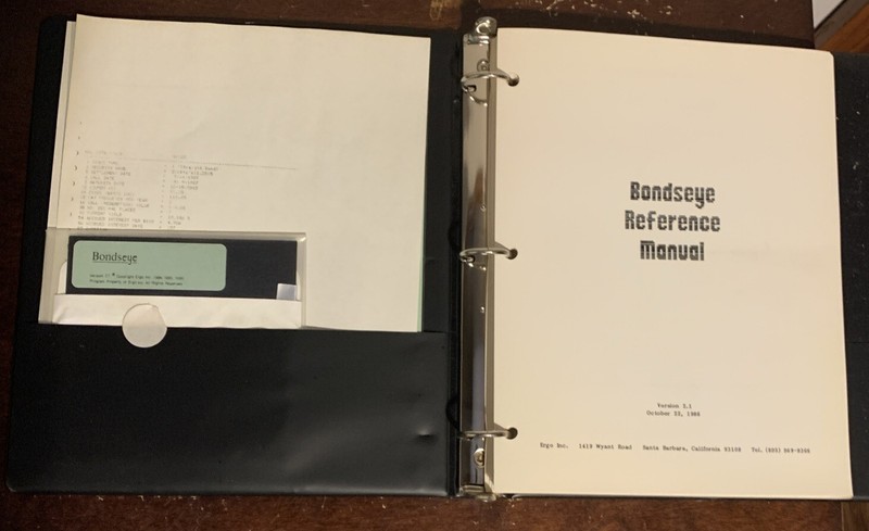 Vintage Bondseye Software Reference Manual W/5.25” Floppy Disk Version 2.1 1986 gallery