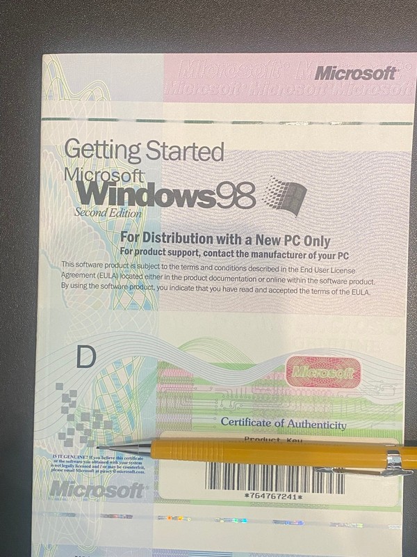 MS Windows 98 SE Manual and Product Key (no CD)