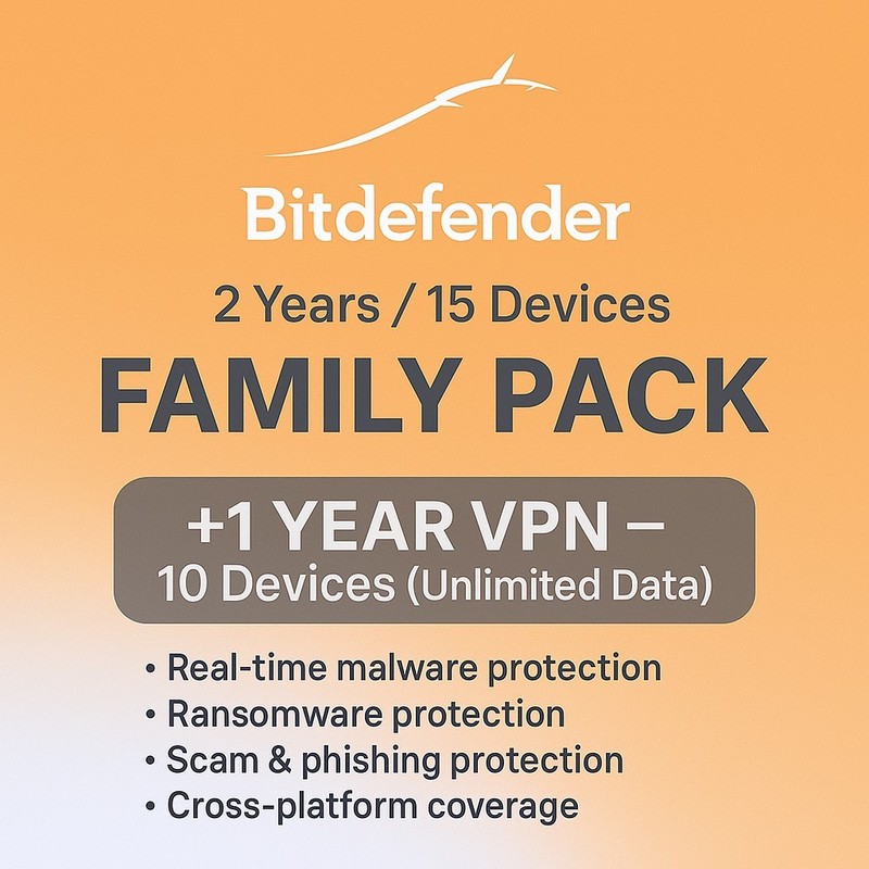 Bitdefender Family Pack 2026- 2 Years 15 Devices + 1 Year UNLIMITED VPN