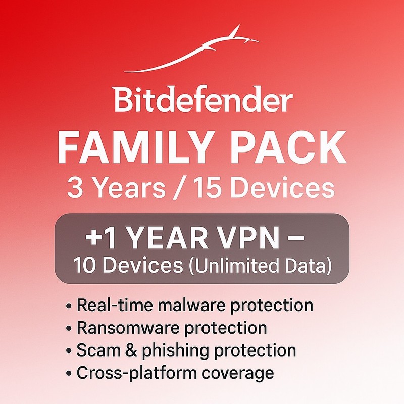 Bitdefender Family Pack 2026- 3 Years 15 Devices + 1 Year UNLIMITED VPN