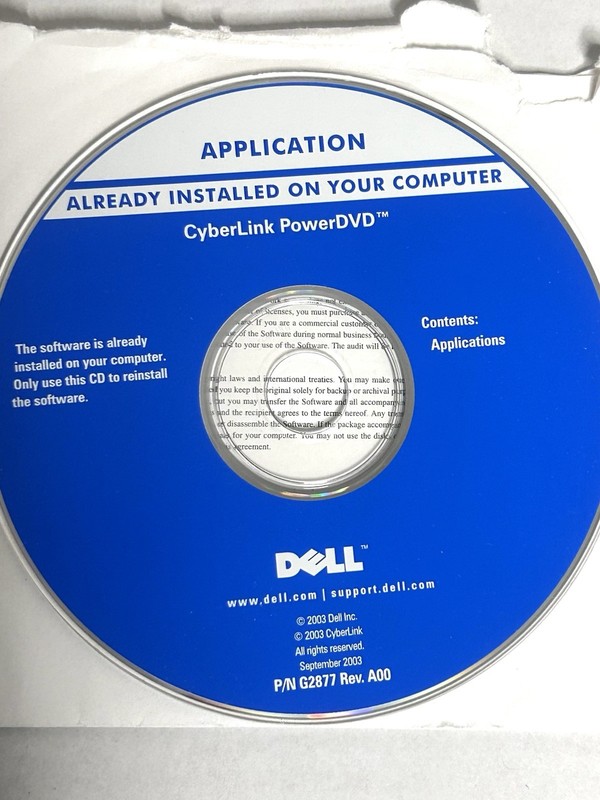 Dell CyberLink PowerDVD Reinstall CD 2003 P/N G2877 Rev A00 Used