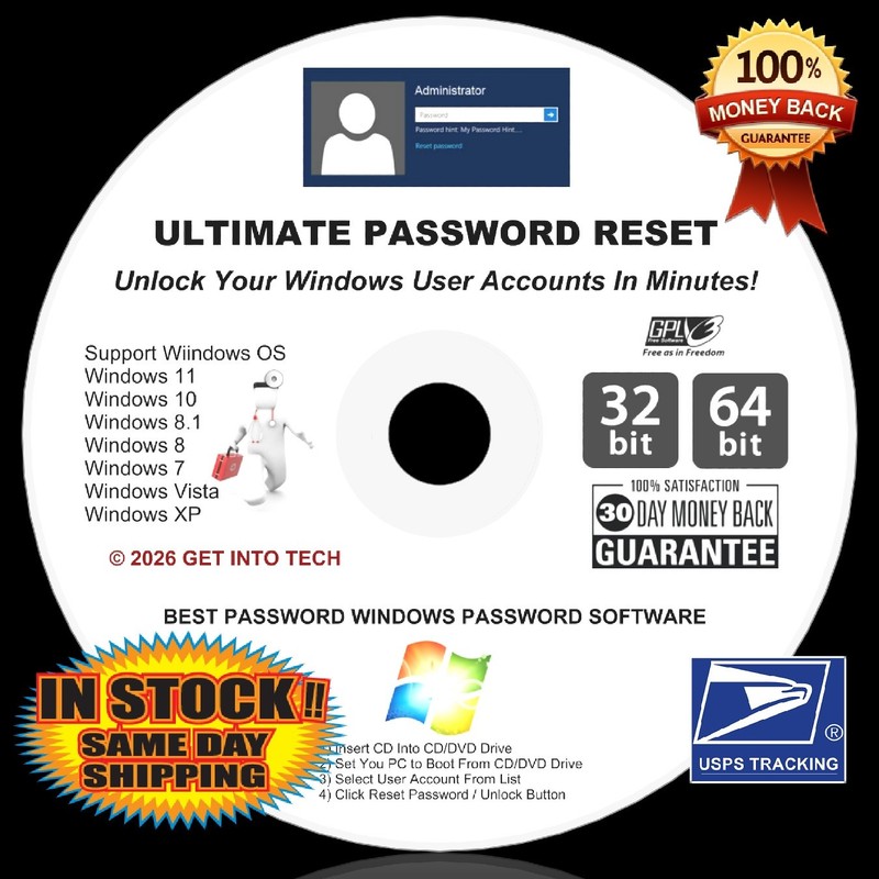 ULTIMATE Windows Password Reset CD for Win 11, 10, 8.1, 8, 7 SAME DAY FAST SHIP!