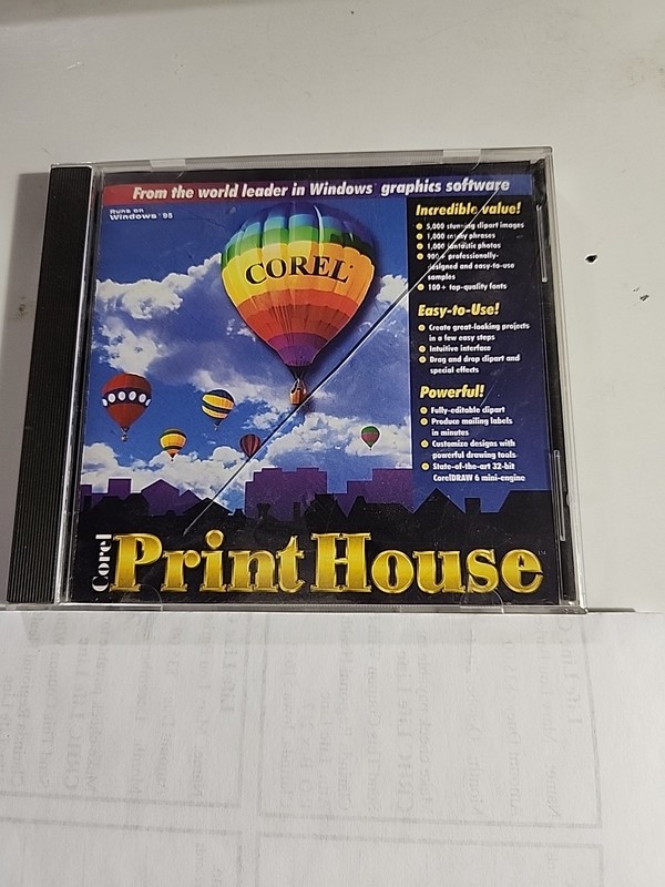 Corel Print House for Windows CD. Runs on Windows 95 and IBM PC 486 DX