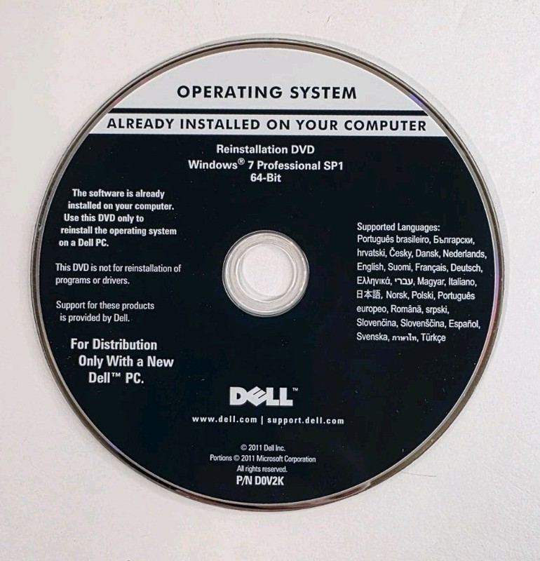 Microsoft Windows 7 Professional SP1 64 Bit DELL Reinstallation DVD Disk