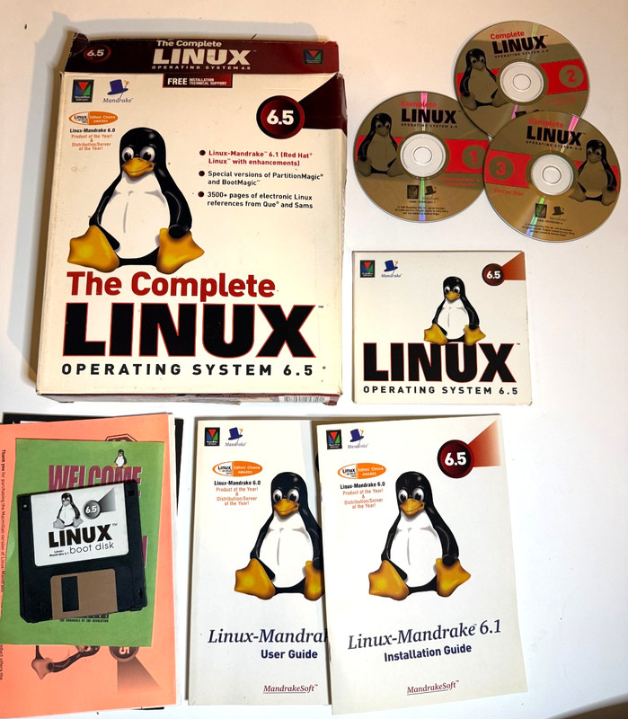 Complete Linux Operating System 6.5 Mandrake Linux Box Set 3 CDs Boot Disk 1999
