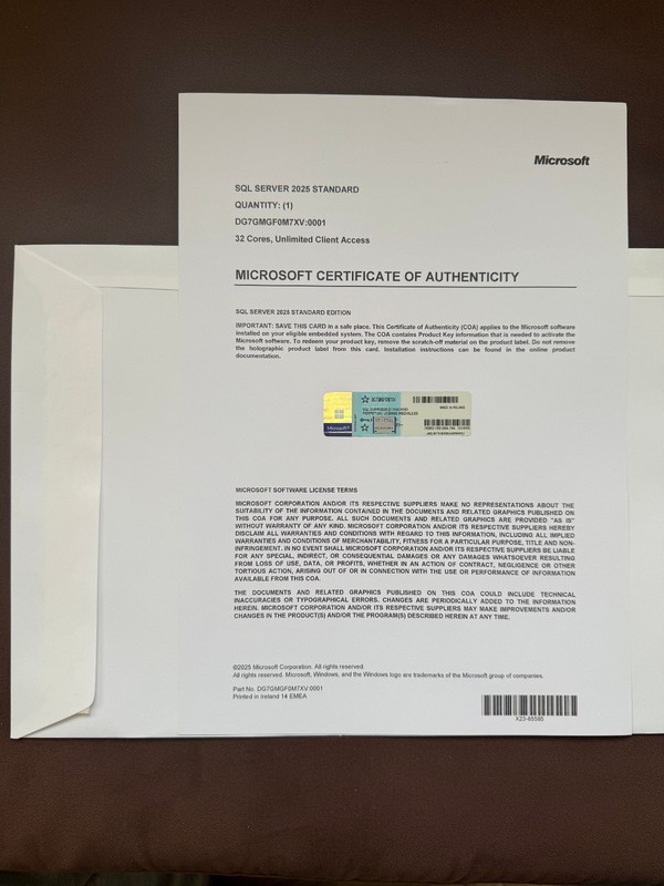 Microsoft SQL Server 2025 Standard 32 Core Unlimited User CALs CoA Authentic. gallery