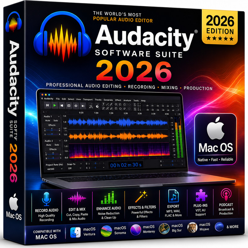 Audacity 2026 Software Professional Audio Music Editing Recording ~ MAC os ~ CD
