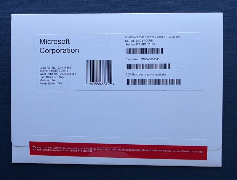 Microsoft Windows Server 2025 Datacenter 64 bit 64 Core DVD & License Key (NEW)