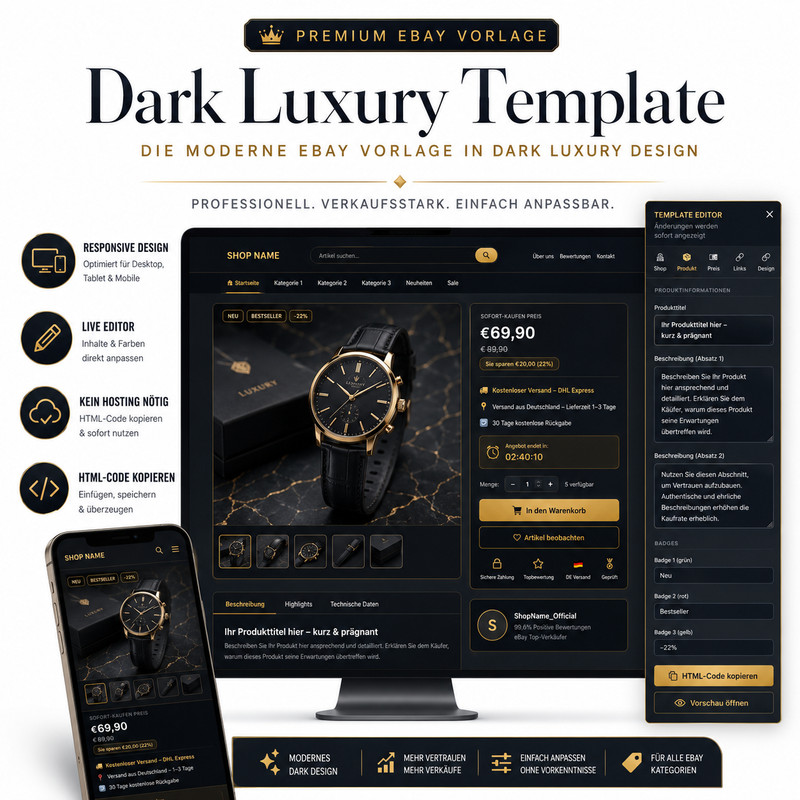 eBay Template 2026 Dark Luxury HTML Template Responsive Auction Template + Editor