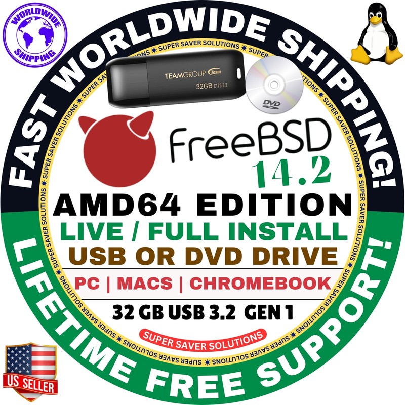 FreeBSD VER 14.2, 14.1, 13.4 / FULL INSTALLER, LIVE BOOT USB/DVD MAC/PC LINUX OS