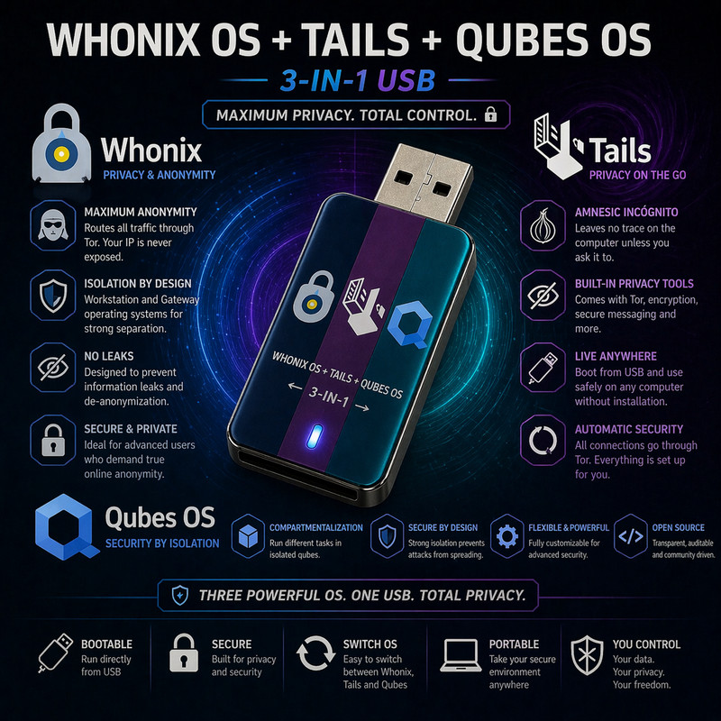 Linux 3-in-1 Whonix OS + Qubes OS + Tails OS Boot USB – COMPLETE Privacy Bundle