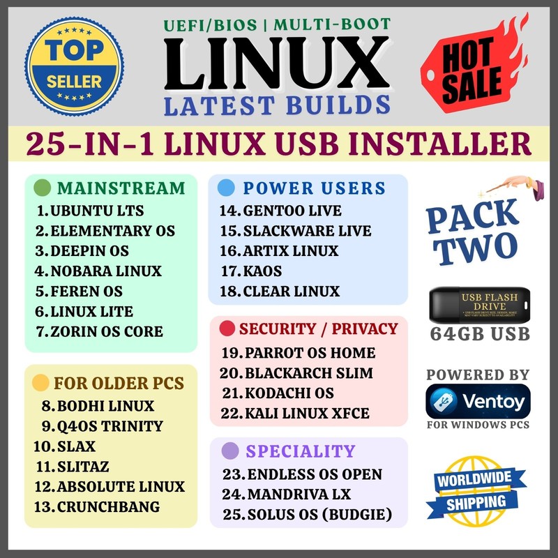 ULTIMATE 25-IN-1 DISTROS LINUX OS MASTER COLLECTION, MULTI-BOOT, VENTOY | PACK#2