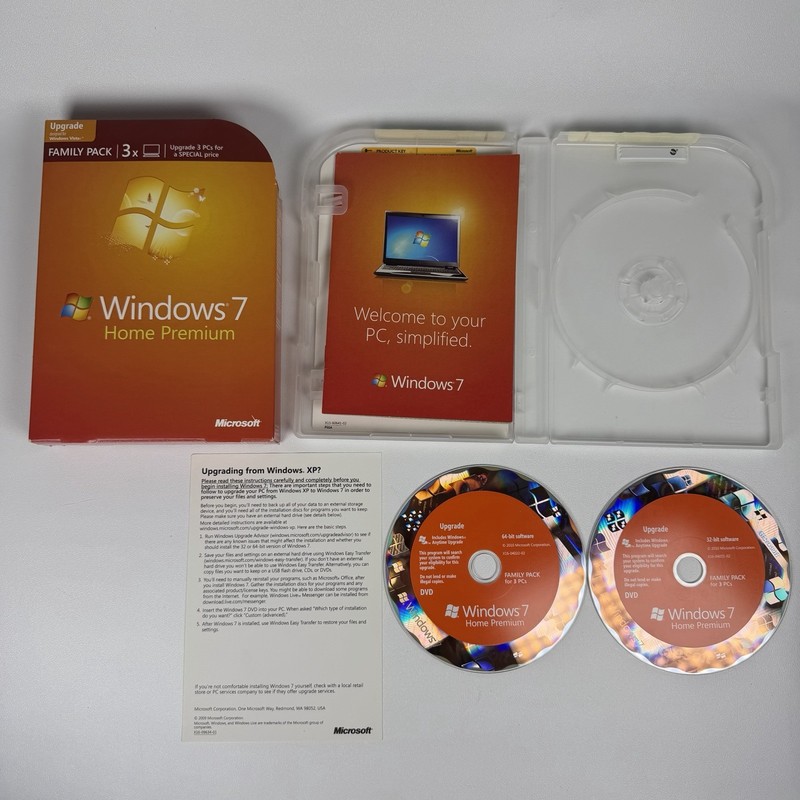 Microsoft Windows 7 Upgrade Home Premium Family Pack 32 & 64-bit DVDs + Key