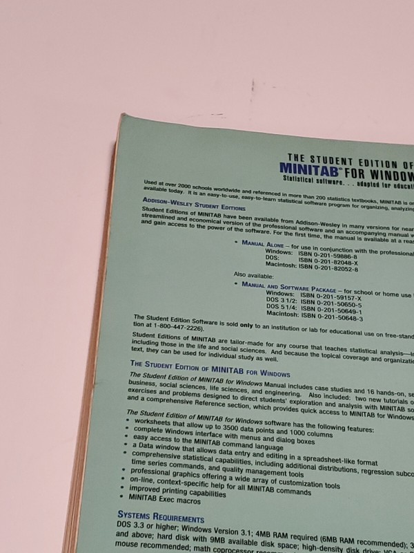 THE STUDENT EDITION OF MINITAB For WINDOWS Statistical Software 3.5 Floppy Book gallery