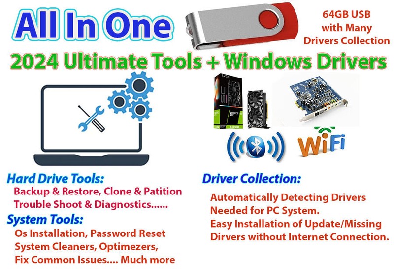 Windows Drivers & 2024 UltimateTools Backup Recover Windows Fixing PC 64GB USB