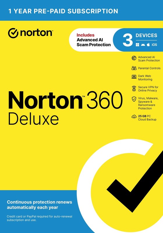 Norton 360 Deluxe, Antivirus software for 3 Devices with Auto-Renewal –…