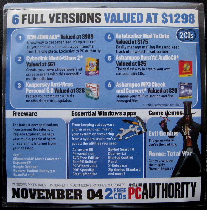 Australian PC Authority Magazine Nov 2004: 2 CDs Software/Utilities/Games ONLY