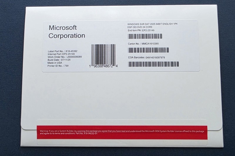 Windows Server 2025 Datacenter 24 Core DVD-key Sealed (NEW)