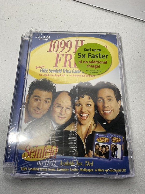 AOL 9.0 Optimized CD-ROM Software 1099 Hours Internet Trial Seinfeld Trivia