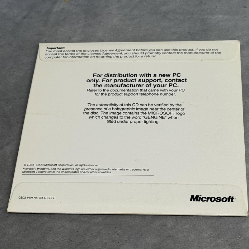 Vintage Microsoft Windows 98 OEM CD with Sleeve 1998 P/N X03-36068 For New PC gallery