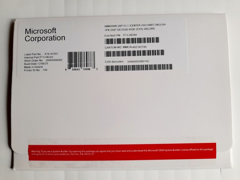 Microsoft Windows Server 2022 Datacenter 48 Core DVD OEM Pack + 50RDS + 50CALs