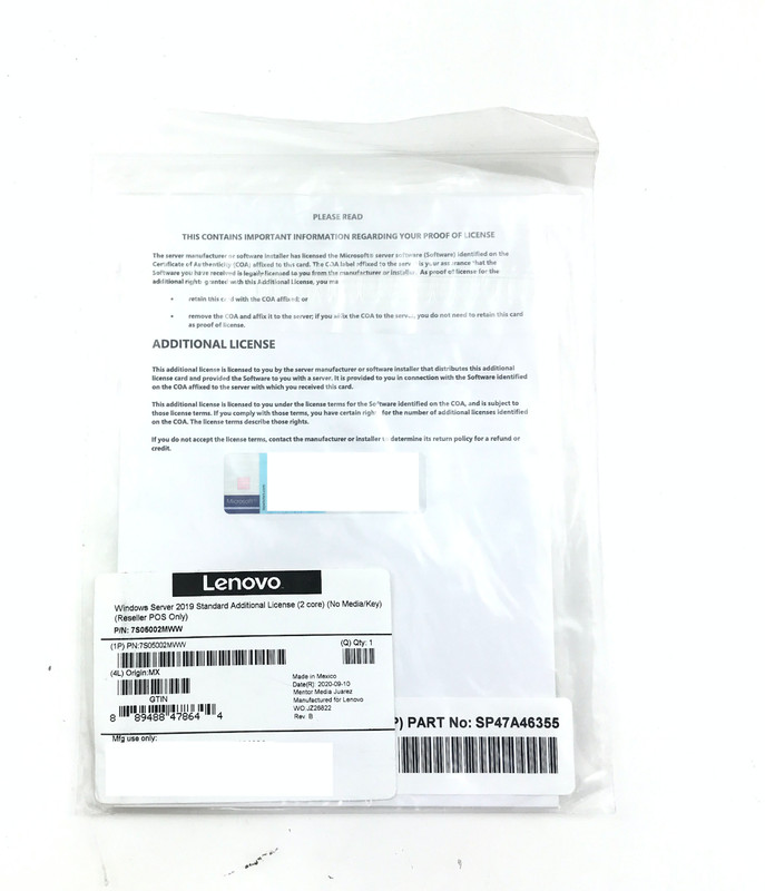 ✅ Lenovo Windows Server 2019 Standard License – 2 Additional Cores – 7S05002MWW