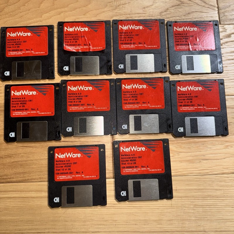 Vintage Novell NetWare 4.0 Admin CBT Floppy Disks Lot of 10 – Course #520C 1994 gallery