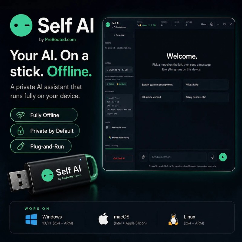 Self AI | Offline Local AI Assistant USB | Solve Search Write | Win Mac Linux