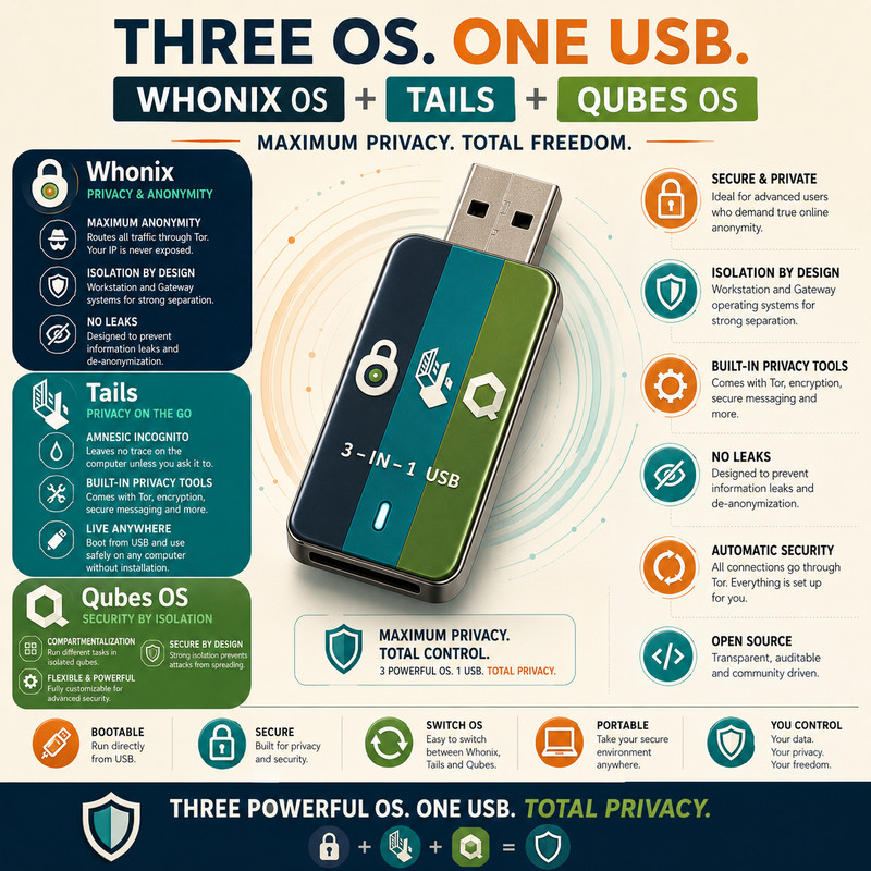 THREE IN ONE - Whonix OS + Qubes OS + Tails OS Linux OS USB FULL Privacy Bundle